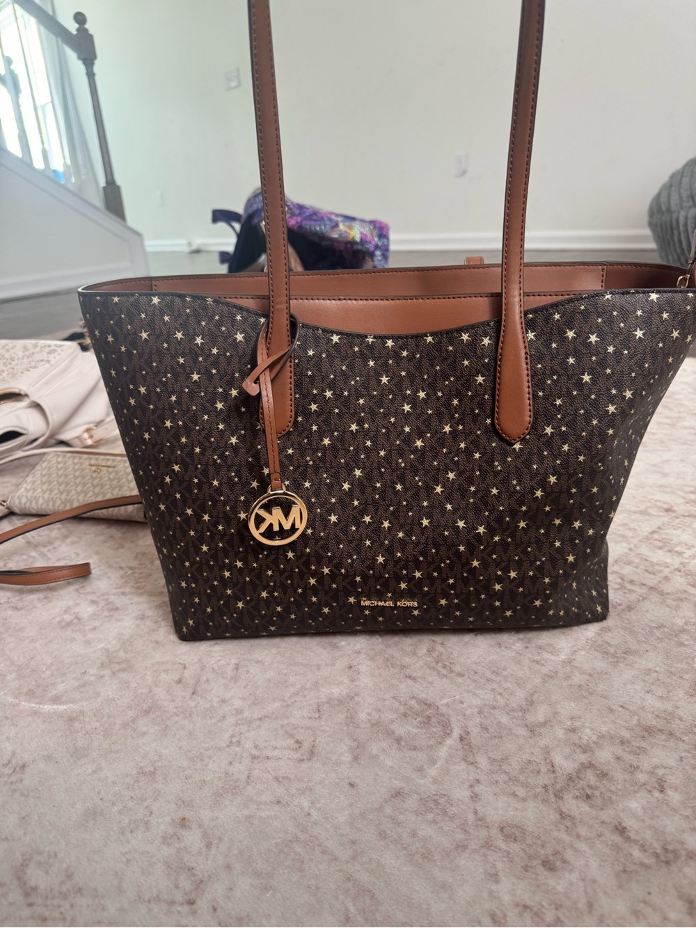 Michael Kors Brown Star-Embellished Tote with Gold Accents